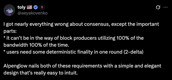 Anatoly Yakovenko's tweet about Alpenglow consensus requirements